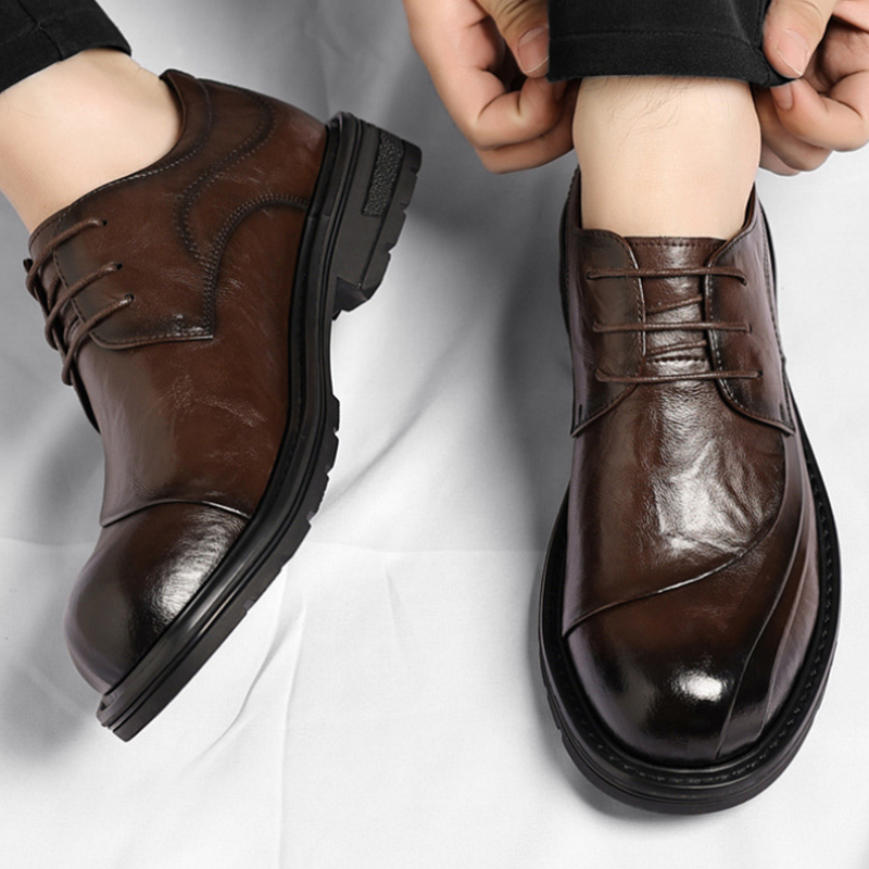 Formal Men Daily Wear Shoes - Brown Burnished Genuine Leather Lace Up