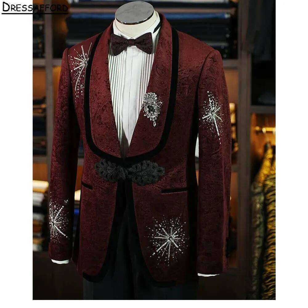 Dark Red Jacquard Crystal Bead - Men Formal Wear Red review and price