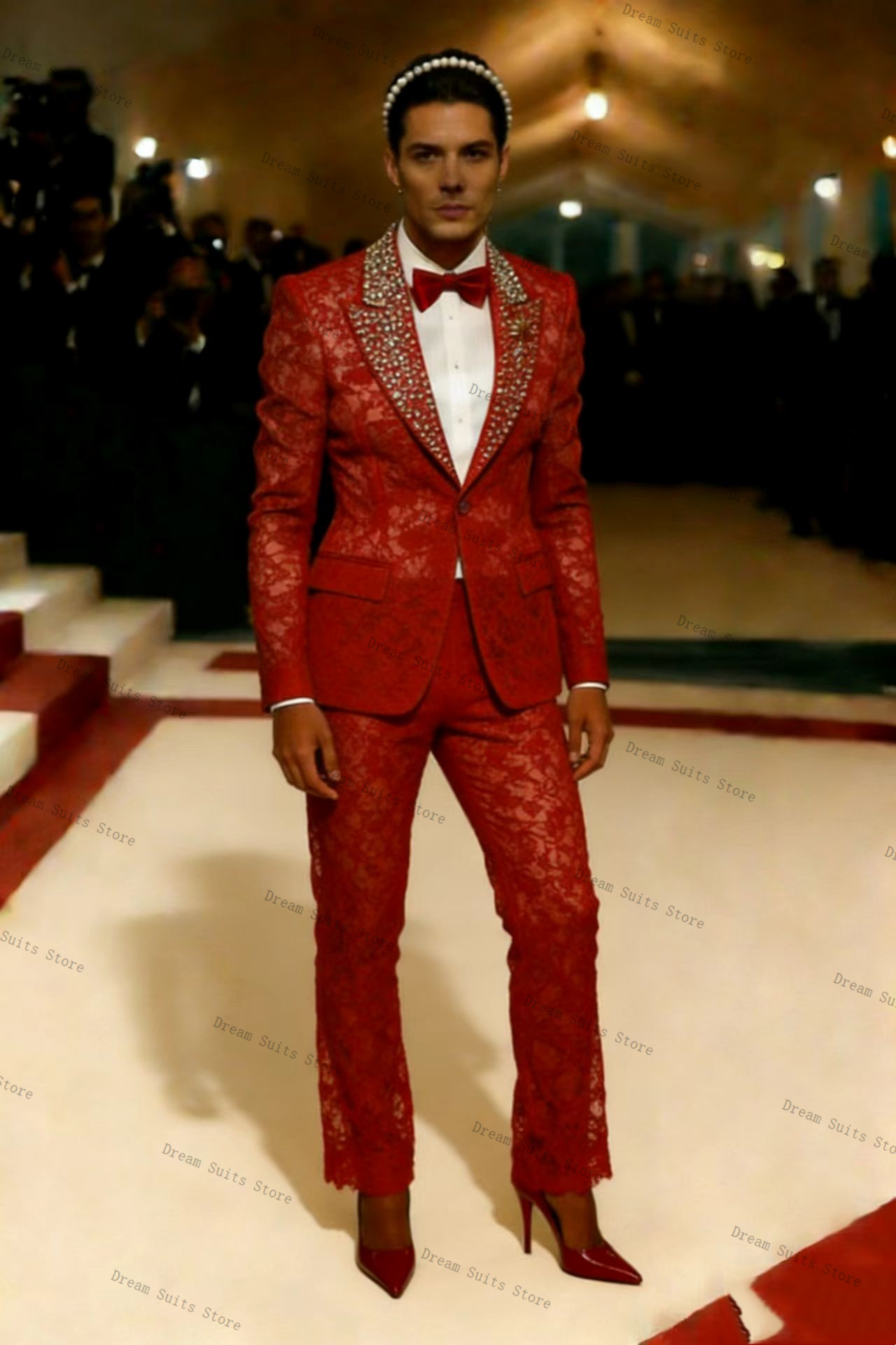 Gold Crystals Men Suit Set 2 P - Men Formal Wear Red review and price