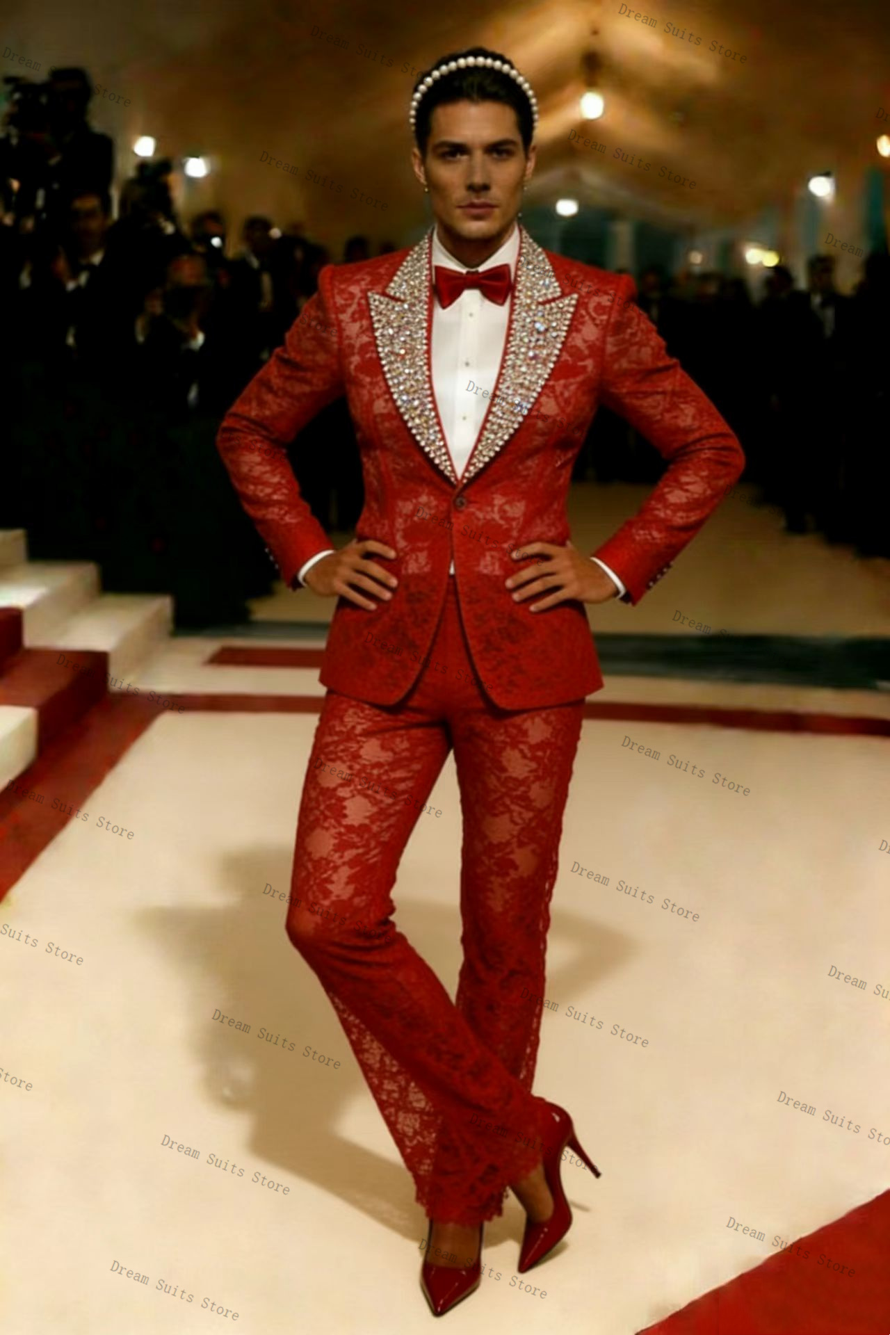Gold Crystals Men Suit Set 2 P - Men Formal Wear Red review and price