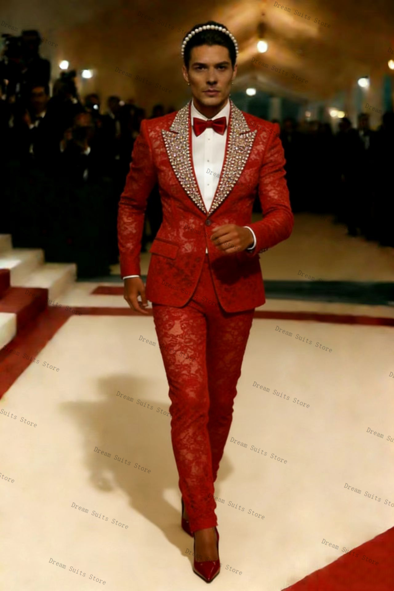 Gold Crystals Men Suit Set 2 P - Men Formal Wear Red review and price