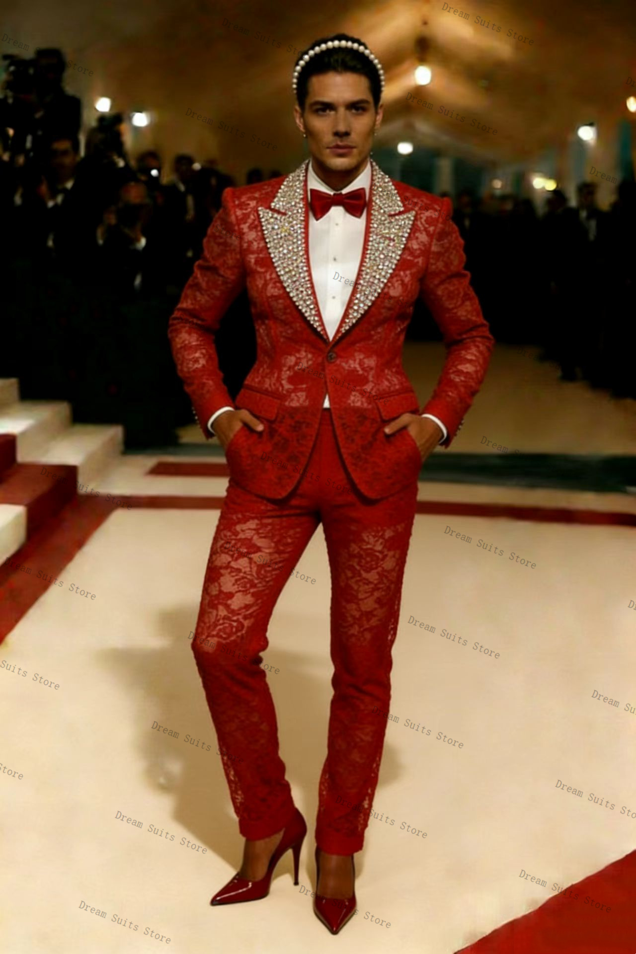 Gold Crystals Men Suit Set 2 P - Men Formal Wear Red review and price